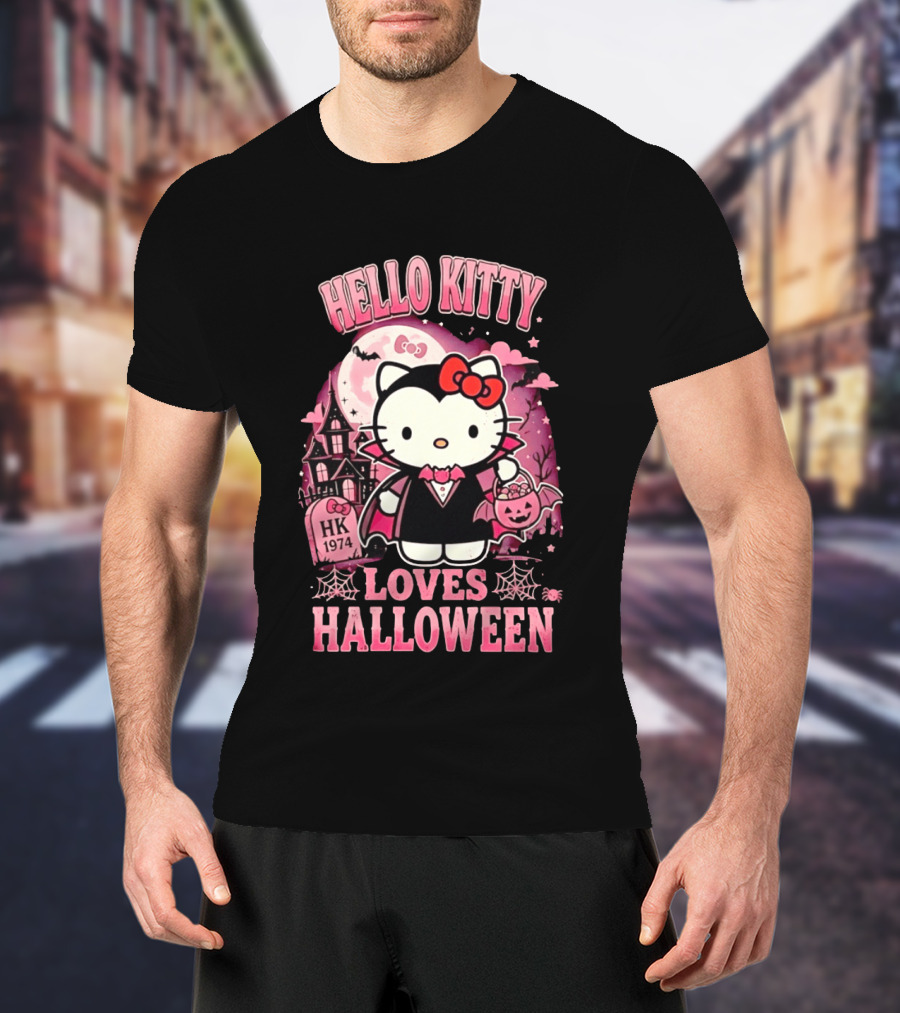 Hello Kitty Loves Halloween Vampire Costume Pink Bats And Haunted House T-Shirt