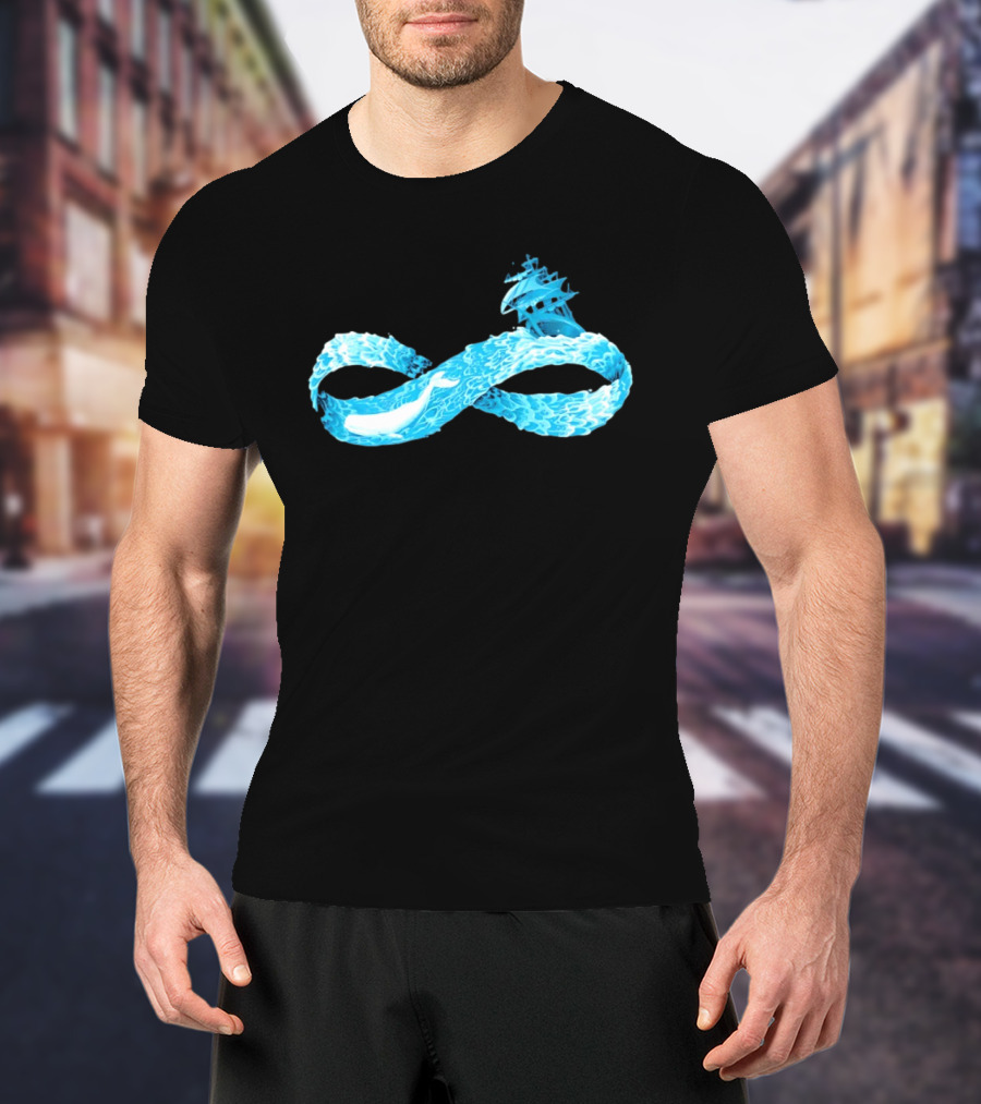 Infinity Symbol With Whale Swimming Beneath Sailing Ship Formed By Ocean Waves T-Shirt