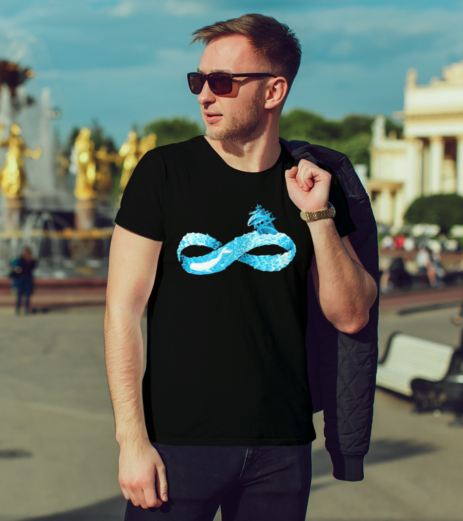Infinity Symbol With Whale Swimming Beneath Sailing Ship Formed By Ocean Waves T-Shirt