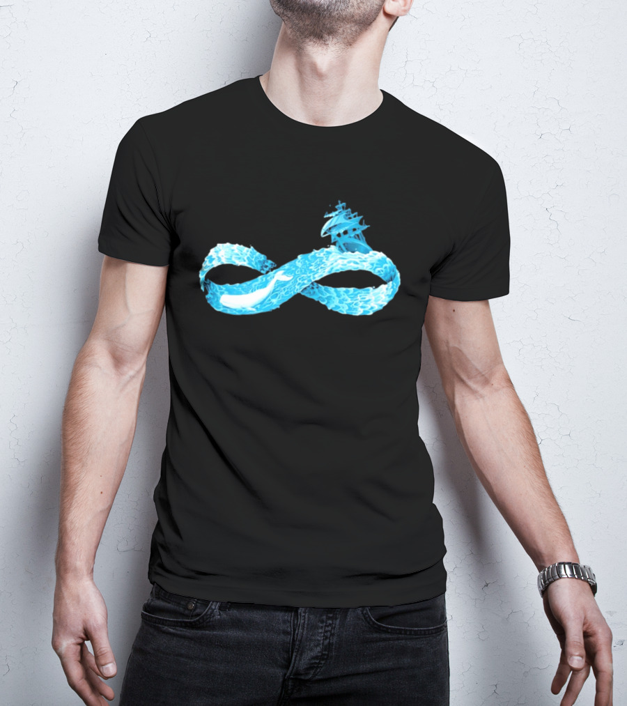 Infinity Symbol With Whale Swimming Beneath Sailing Ship Formed By Ocean Waves T-Shirt