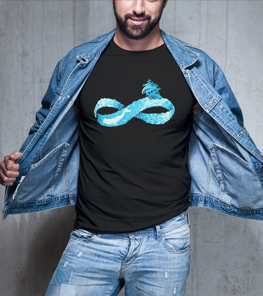 Infinity Symbol With Whale Swimming Beneath Sailing Ship Formed By Ocean Waves T-Shirt