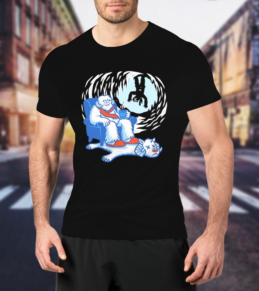 Yeti Relaxing In A Chair With Hot Drink And Abominable Snowman Rug T-Shirt