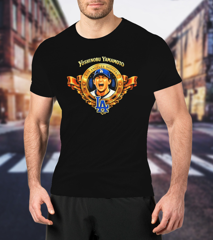 Yoshinobu Yamamoto Los Angeles Dodgers LA Gold Crest T-Shirt