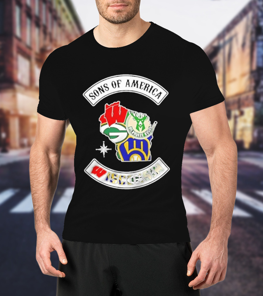 Sons Of America Wisconsin Map Milwaukee Brewers Green Bay Packers Badgers Bucks T-Shirt