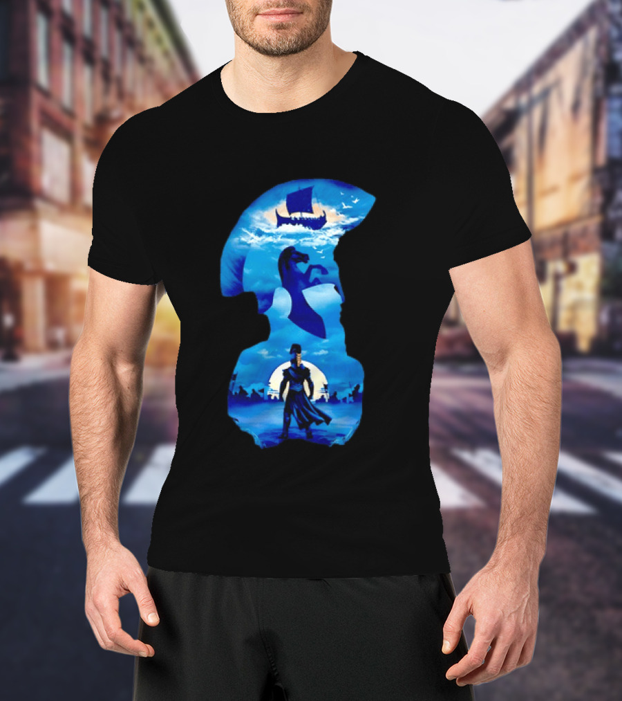 Spartan Warrior With Trojan Horse And Ancient Ship In Mythical Blue Scene T-Shirt