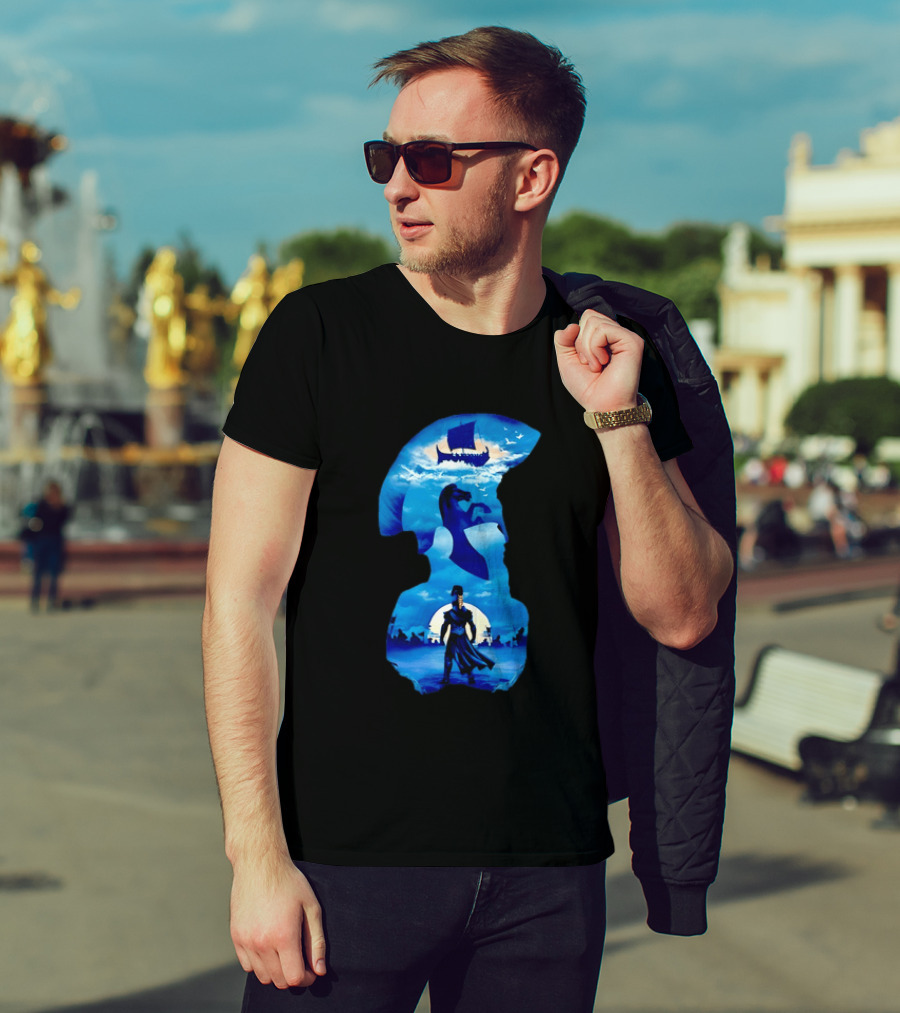 Spartan Warrior With Trojan Horse And Ancient Ship In Mythical Blue Scene T-Shirt
