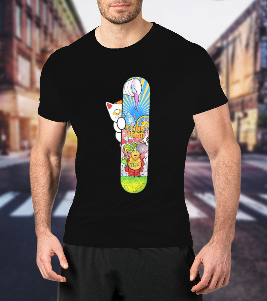 Stinc Team TGF Buddha Cat With Skateboard And Dripping Paint Aesthetic T-Shirt