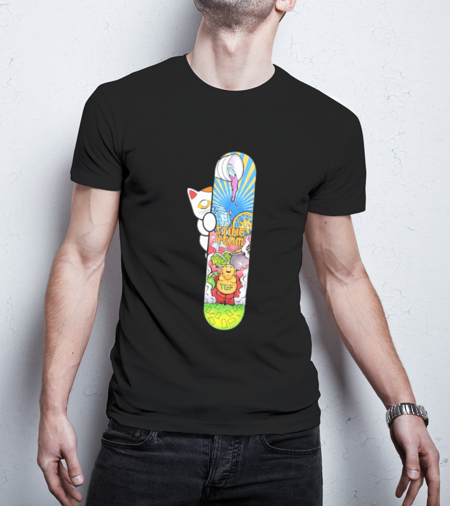 Stinc Team TGF Buddha Cat With Skateboard And Dripping Paint Aesthetic T-Shirt