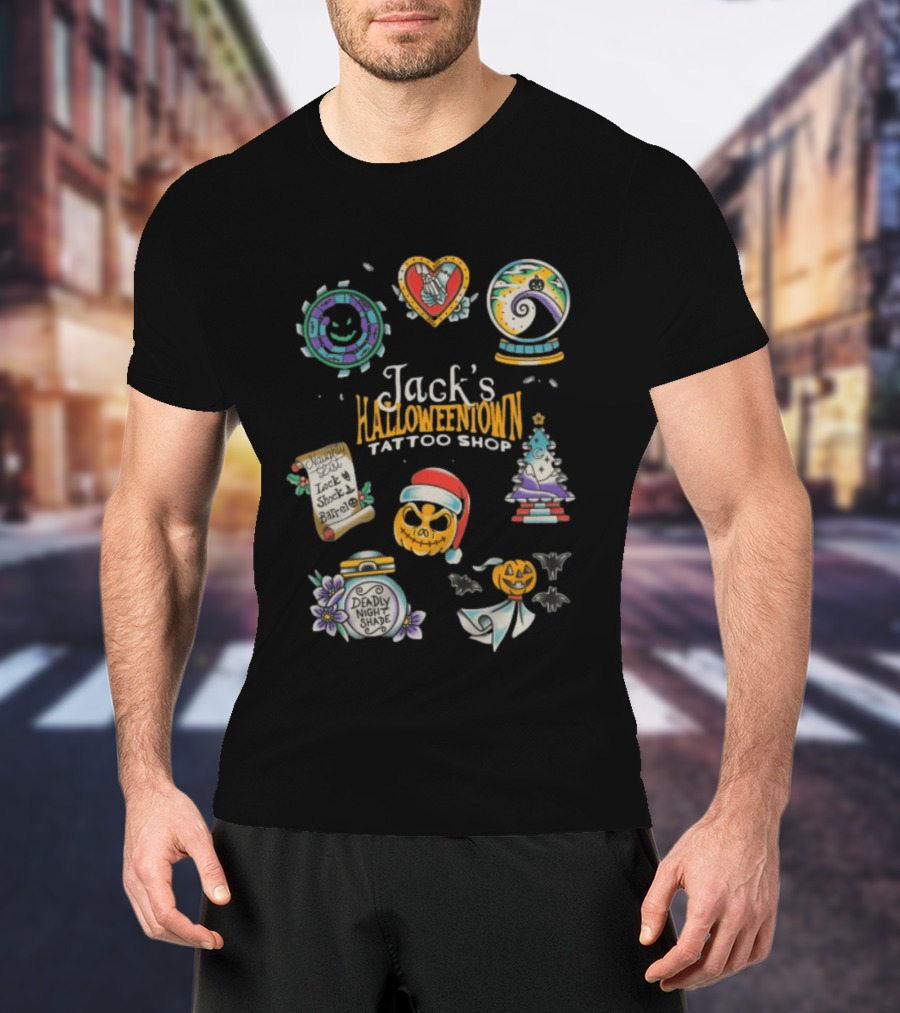 Jack's Halloweentown Tattoo Shop Oogie Boogie Santa Skull Lock Shock Barrel T-Shirt