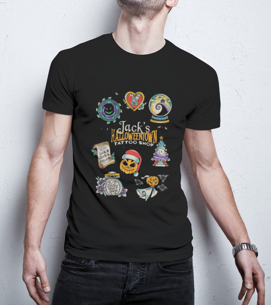 Jack's Halloweentown Tattoo Shop Oogie Boogie Santa Skull Lock Shock Barrel T-Shirt