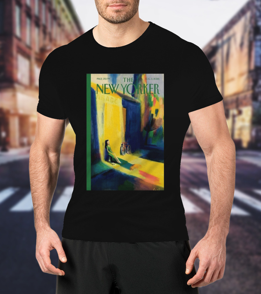 The New Yorker August 3 2026 Pierre Emmanuel Lyet Cover Art Female Figure With Bicycle In Vibrant Alley Scene T-Shirt