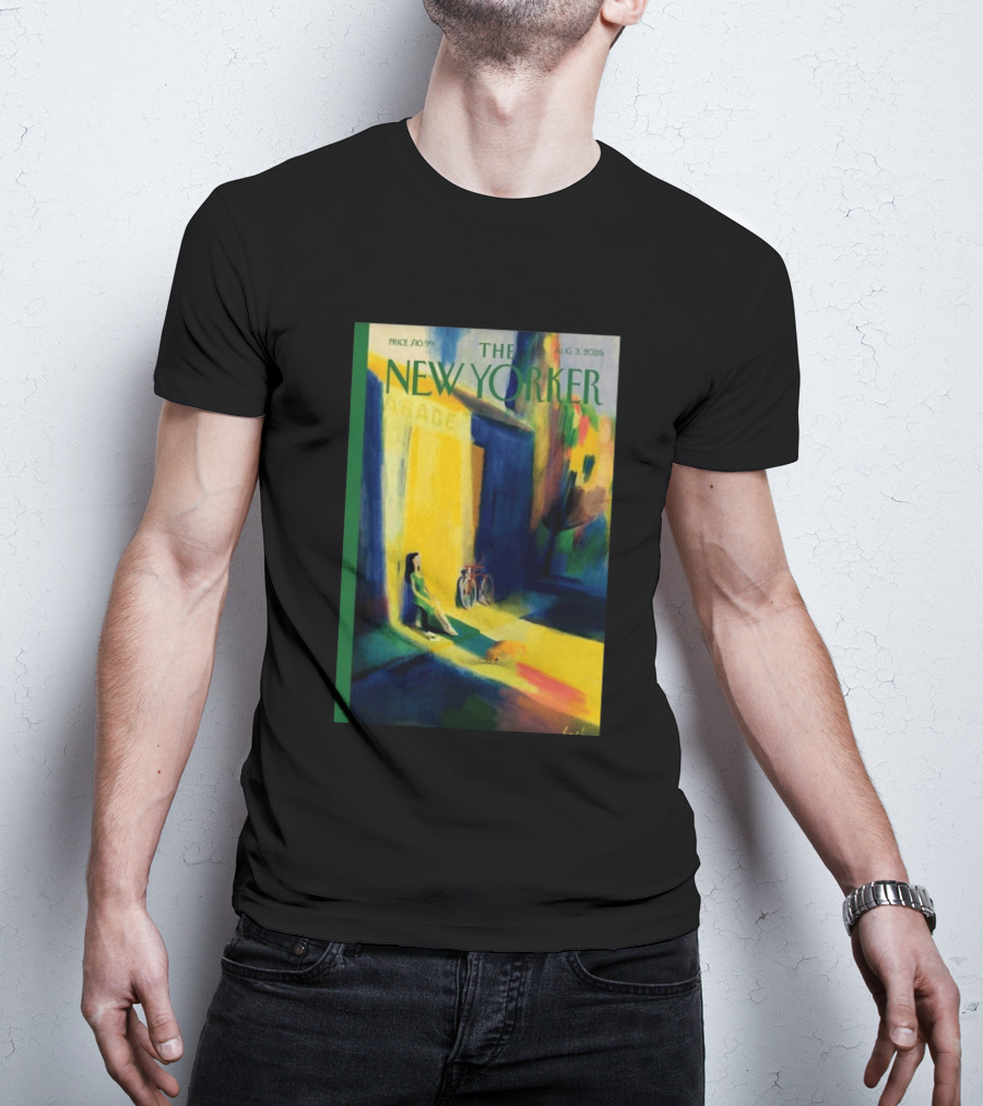 The New Yorker August 3 2026 Pierre Emmanuel Lyet Cover Art Female Figure With Bicycle In Vibrant Alley Scene T-Shirt