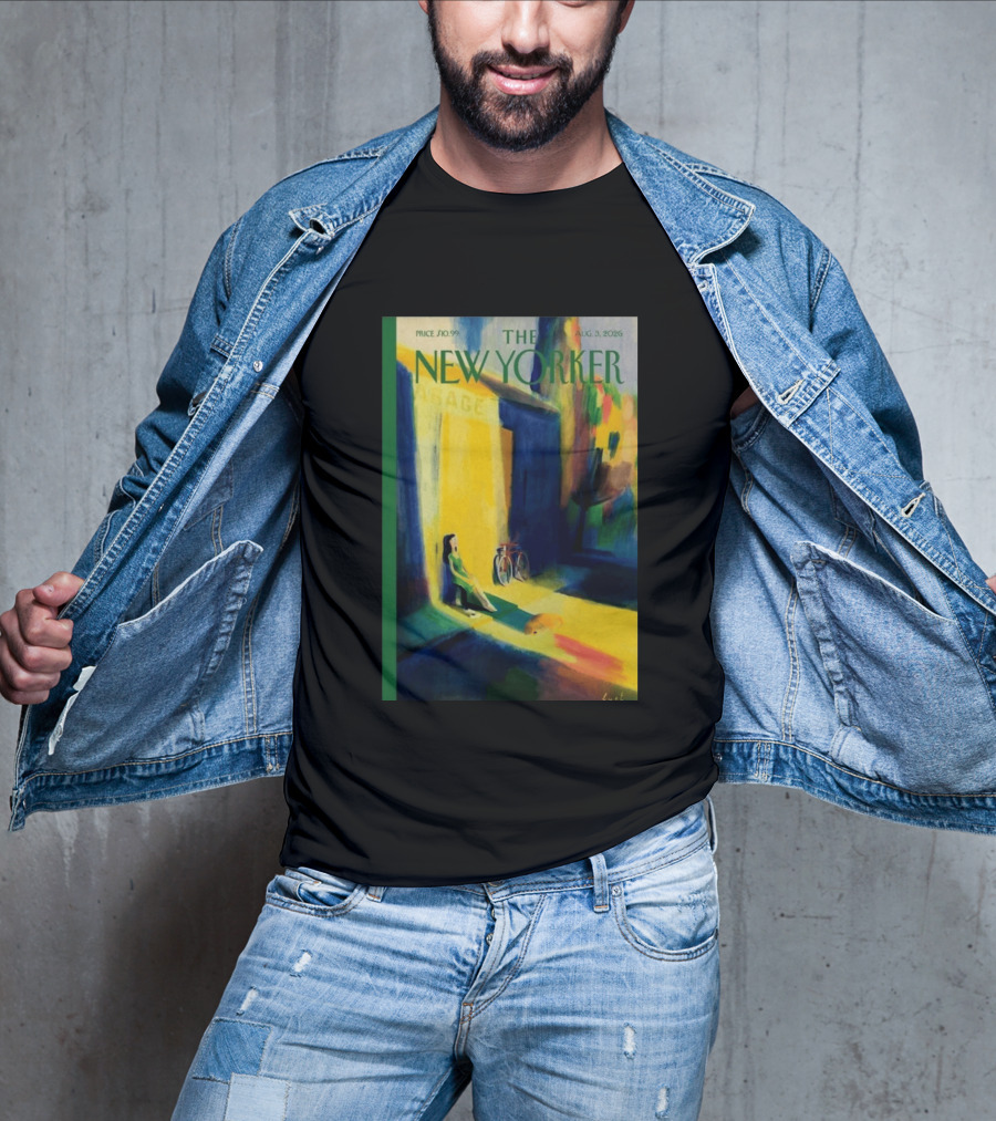 The New Yorker August 3 2026 Pierre Emmanuel Lyet Cover Art Female Figure With Bicycle In Vibrant Alley Scene T-Shirt