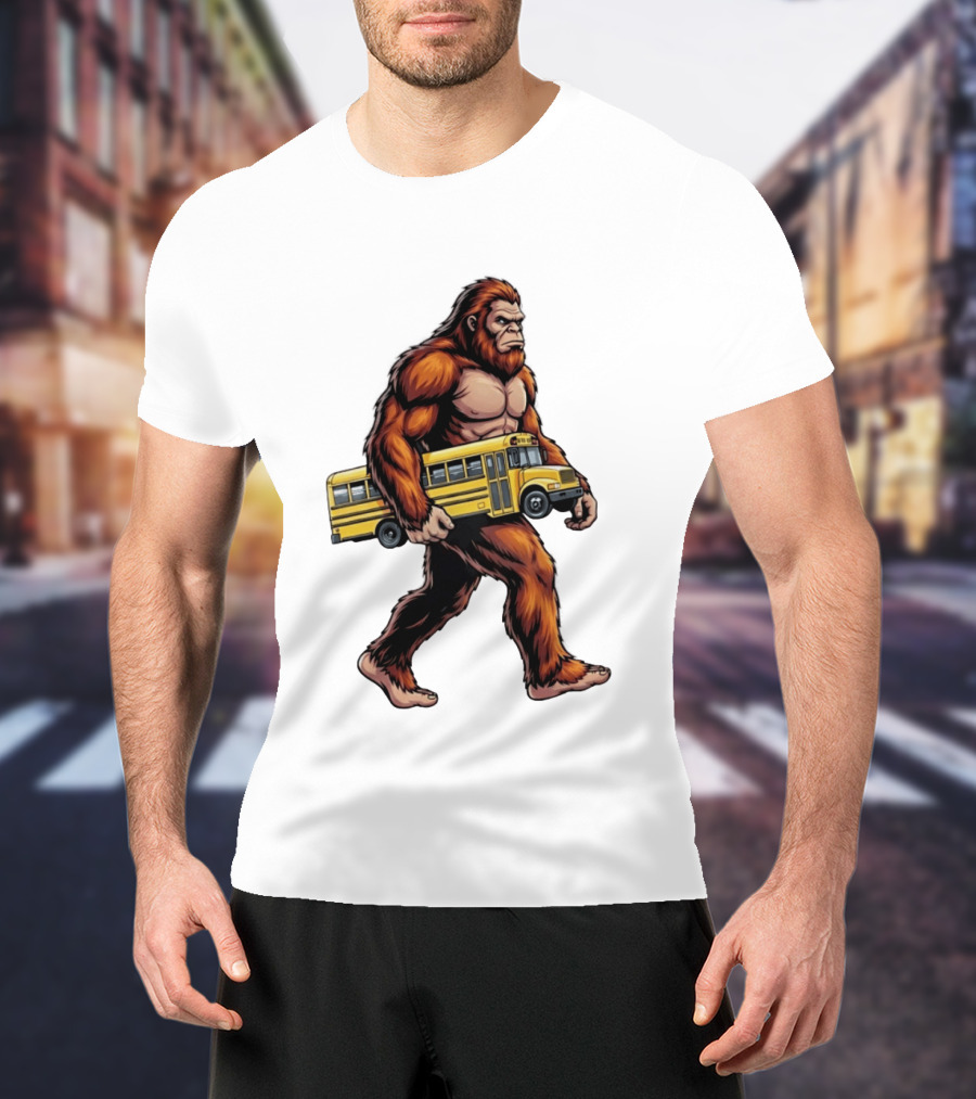Bigfoot Sasquatch Carrying Yellow School Bus T-Shirt