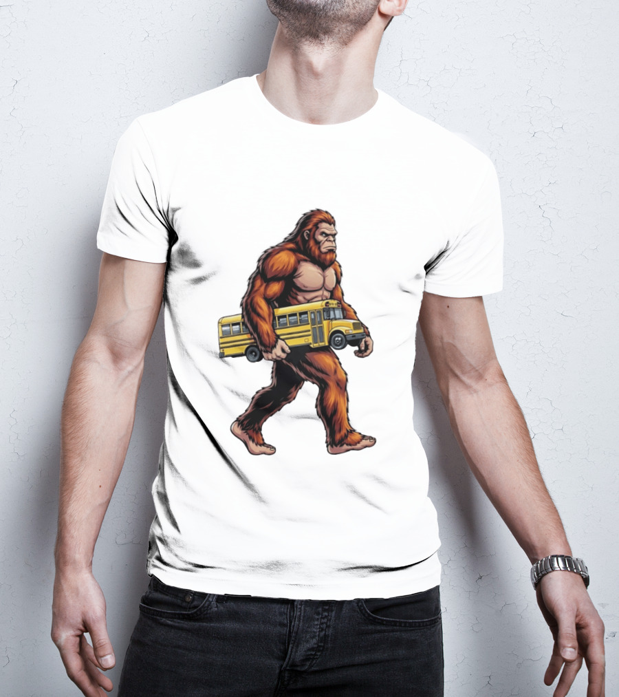 Bigfoot Sasquatch Carrying Yellow School Bus T-Shirt