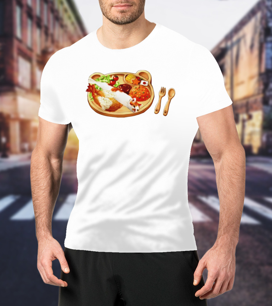 Cat Sushi On Bear Shaped Japanese Meal Plate With Shrimp And Rice T-Shirt
