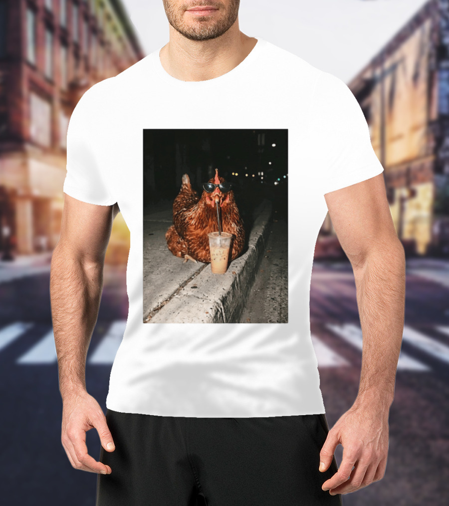 Chicken Wearing Sunglasses Drinking Iced Coffee At Night T-Shirt