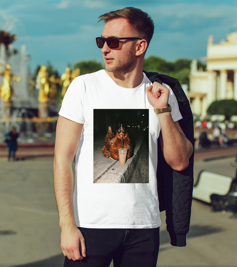 Chicken Wearing Sunglasses Drinking Iced Coffee At Night T-Shirt