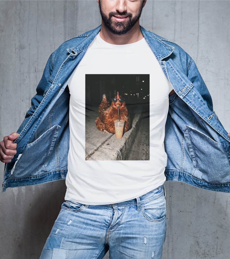 Chicken Wearing Sunglasses Drinking Iced Coffee At Night T-Shirt