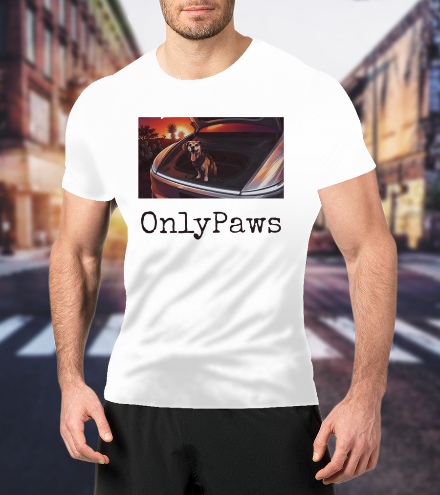 OnlyPaws Dog In Car Trunk At Sunset Desert Scene T-Shirt