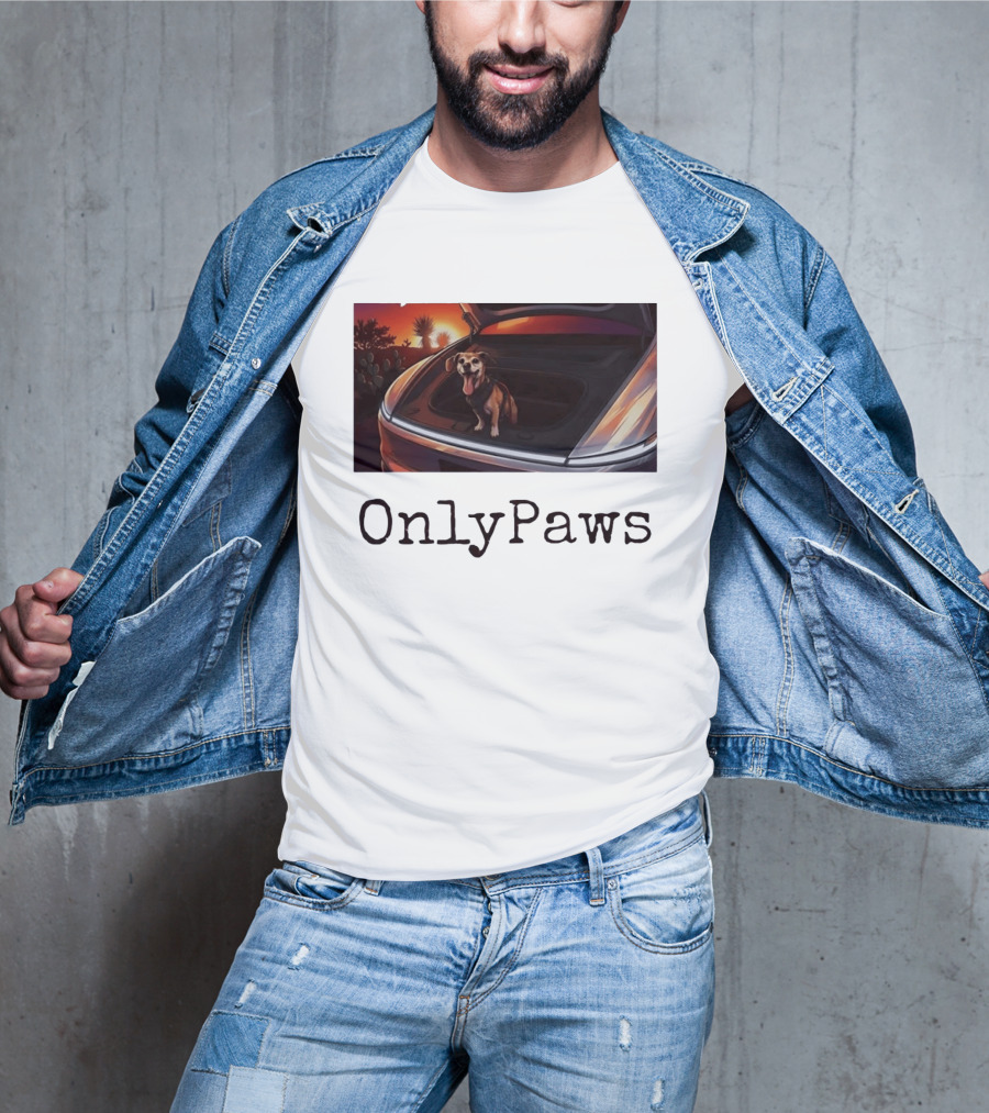 OnlyPaws Dog In Car Trunk At Sunset Desert Scene T-Shirt