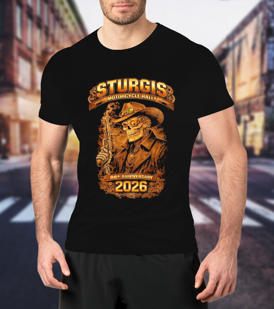 Sturgis Motorcycle Rally 2026 86th Anniversary Steampunk Cowboy Skull T-Shirt