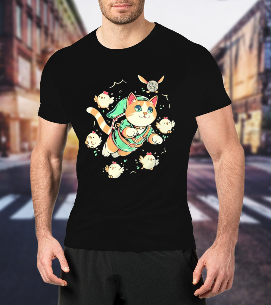 Fantasy Adventurer Cat In Green Tunic With Chickens And Yarn Ball T-Shirt