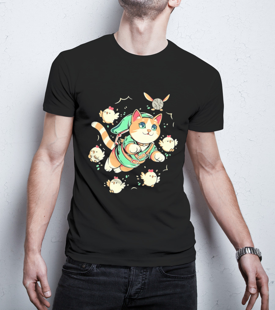 Fantasy Adventurer Cat In Green Tunic With Chickens And Yarn Ball T-Shirt