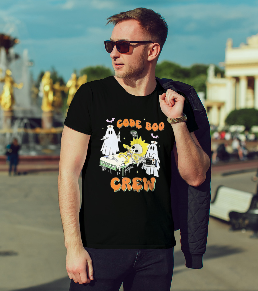 Code Boo Crew Halloween Ghost Nurse Skeleton Scene T-Shirt