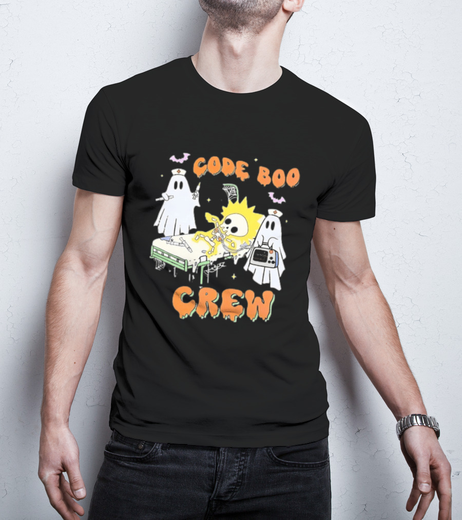 Code Boo Crew Halloween Ghost Nurse Skeleton Scene T-Shirt