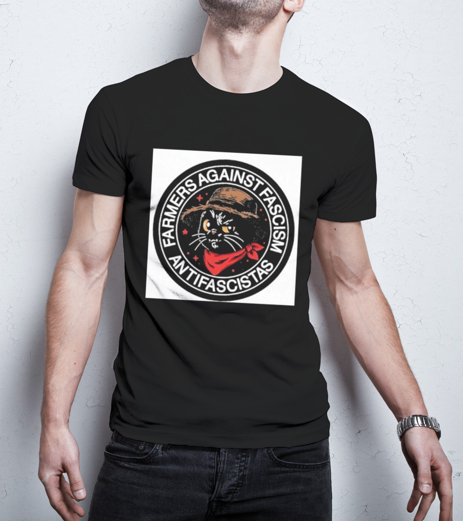 Farmers Against Fascism Antifascistas Cat Straw Hat Red Bandana T-Shirt