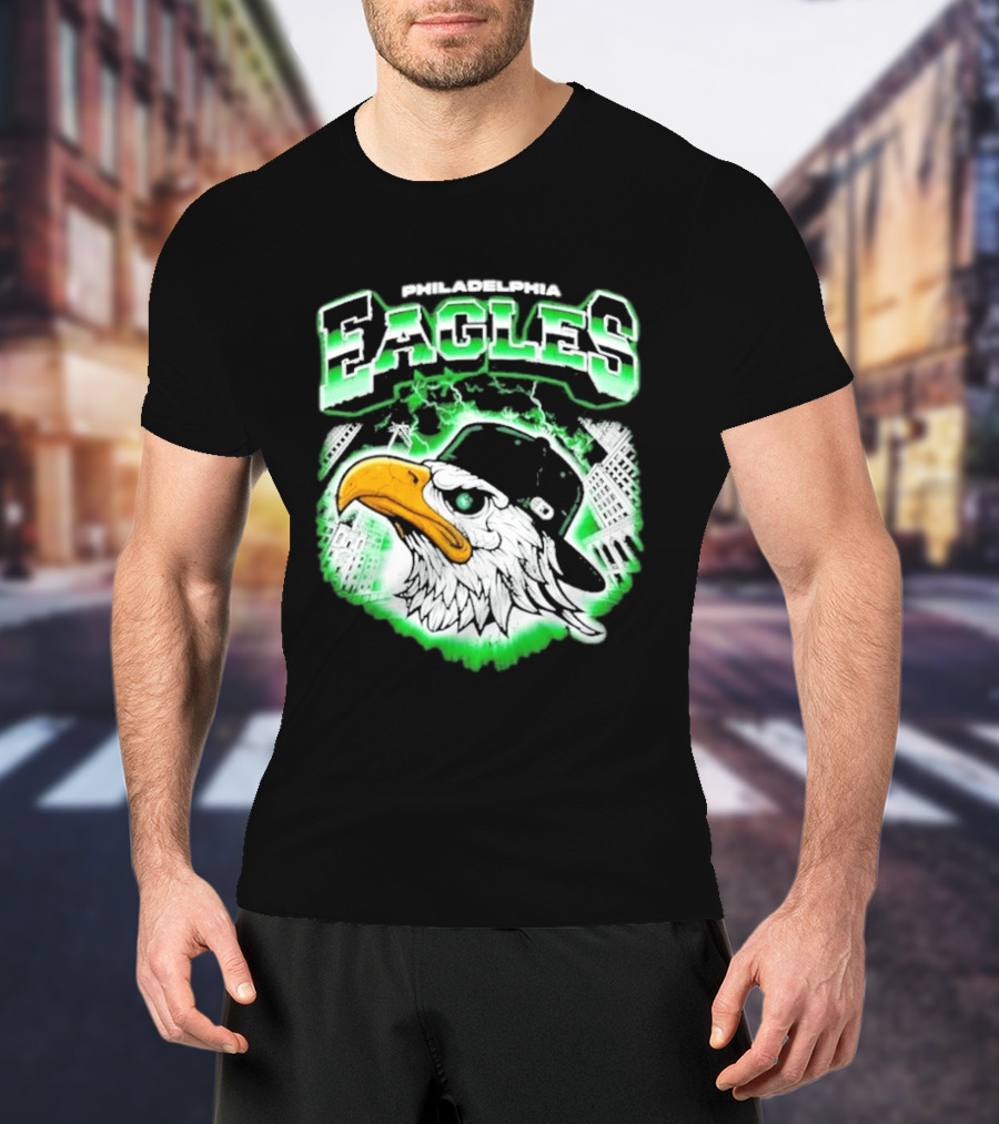 Philadelphia Eagles Mascot With Baseball Cap And City Skyline T-Shirt