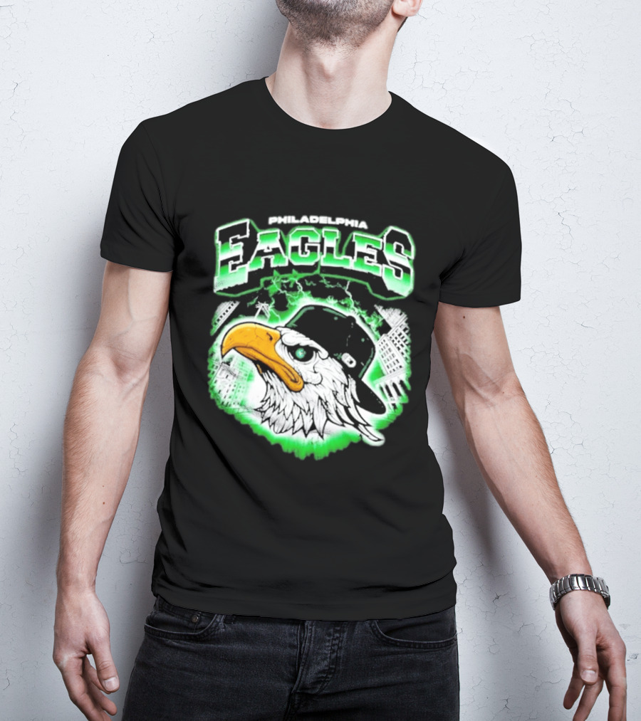 Philadelphia Eagles Mascot With Baseball Cap And City Skyline T-Shirt