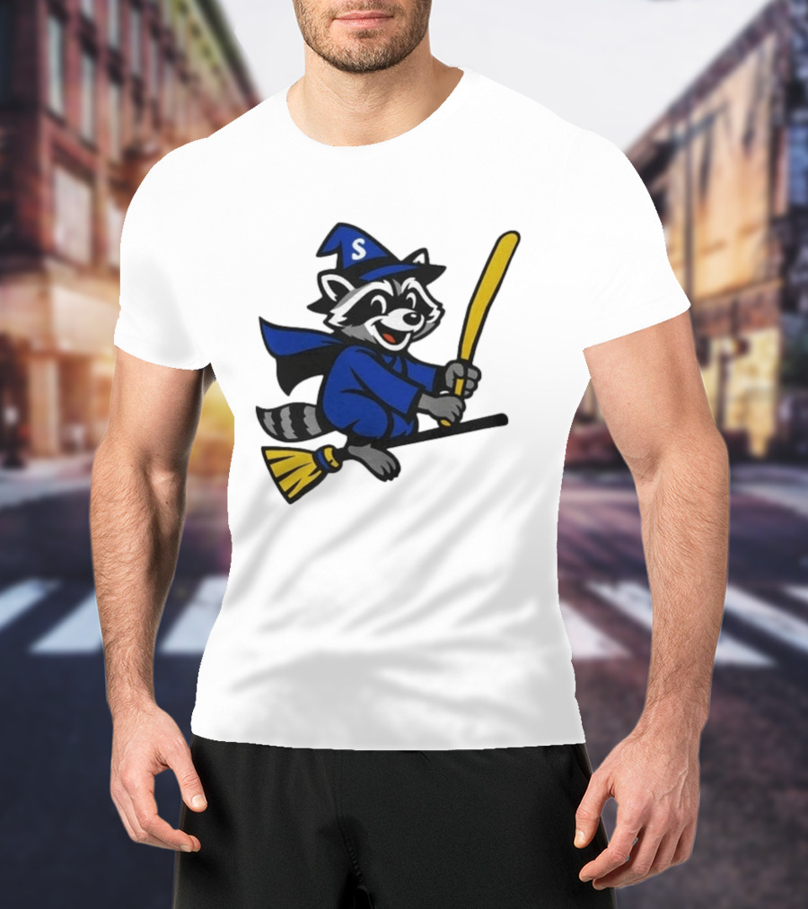 Seattle Mariners Jimothy The Etsy Witch Raccoon Flying Broomstick T-Shirt