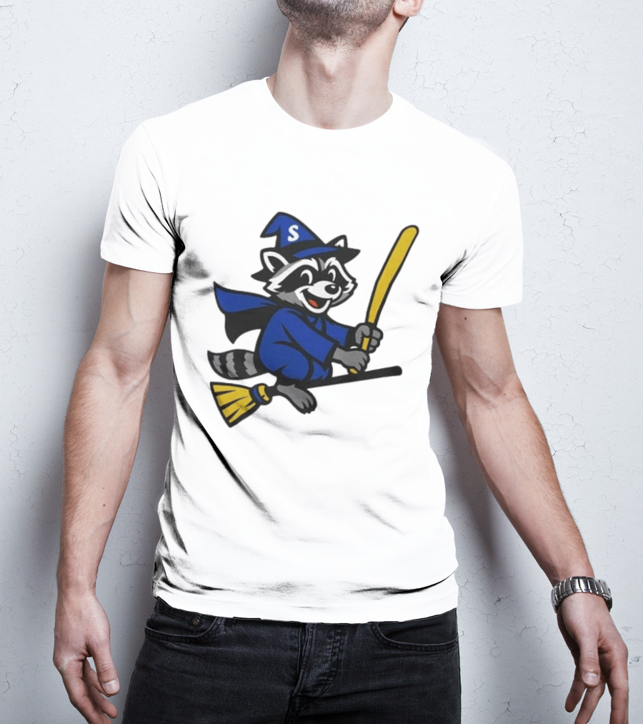 Seattle Mariners Jimothy The Etsy Witch Raccoon Flying Broomstick T-Shirt