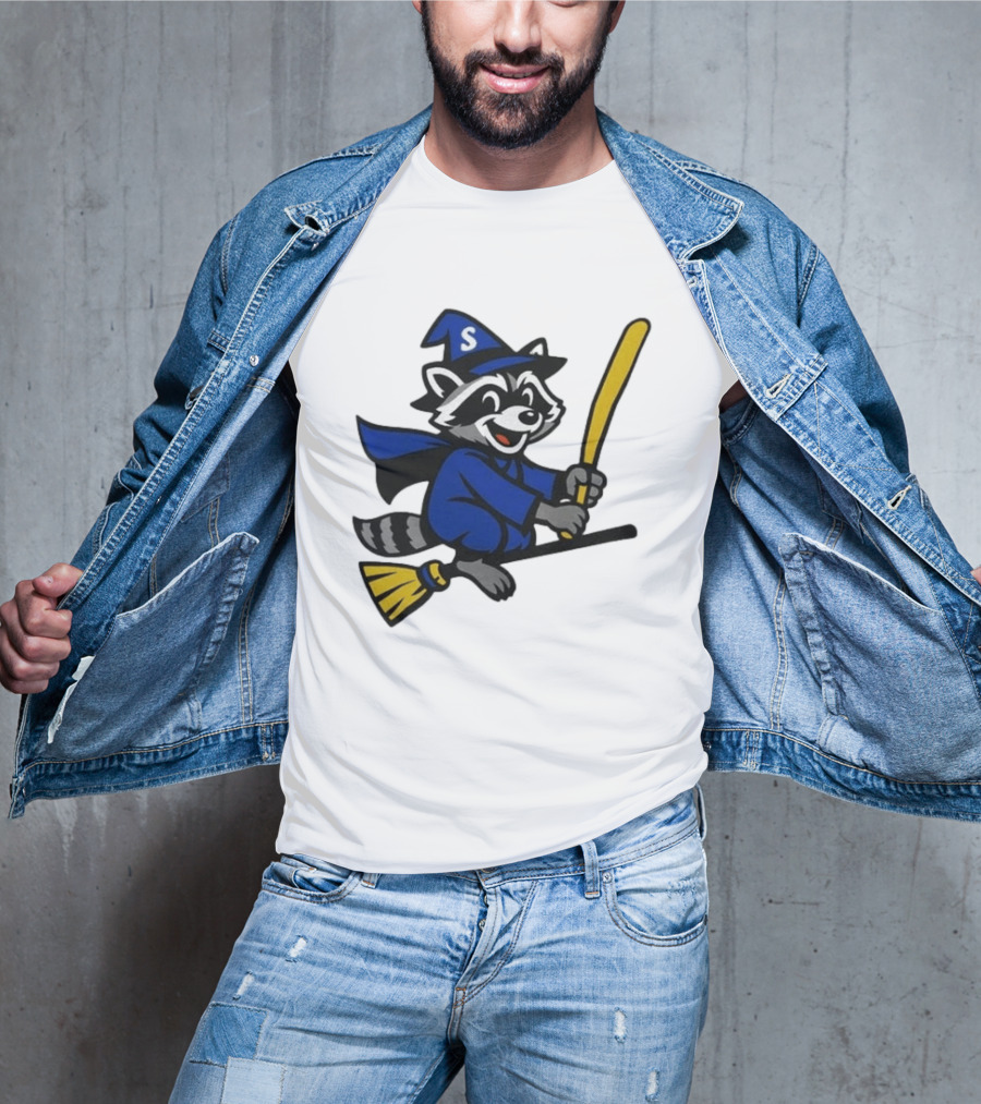 Seattle Mariners Jimothy The Etsy Witch Raccoon Flying Broomstick T-Shirt