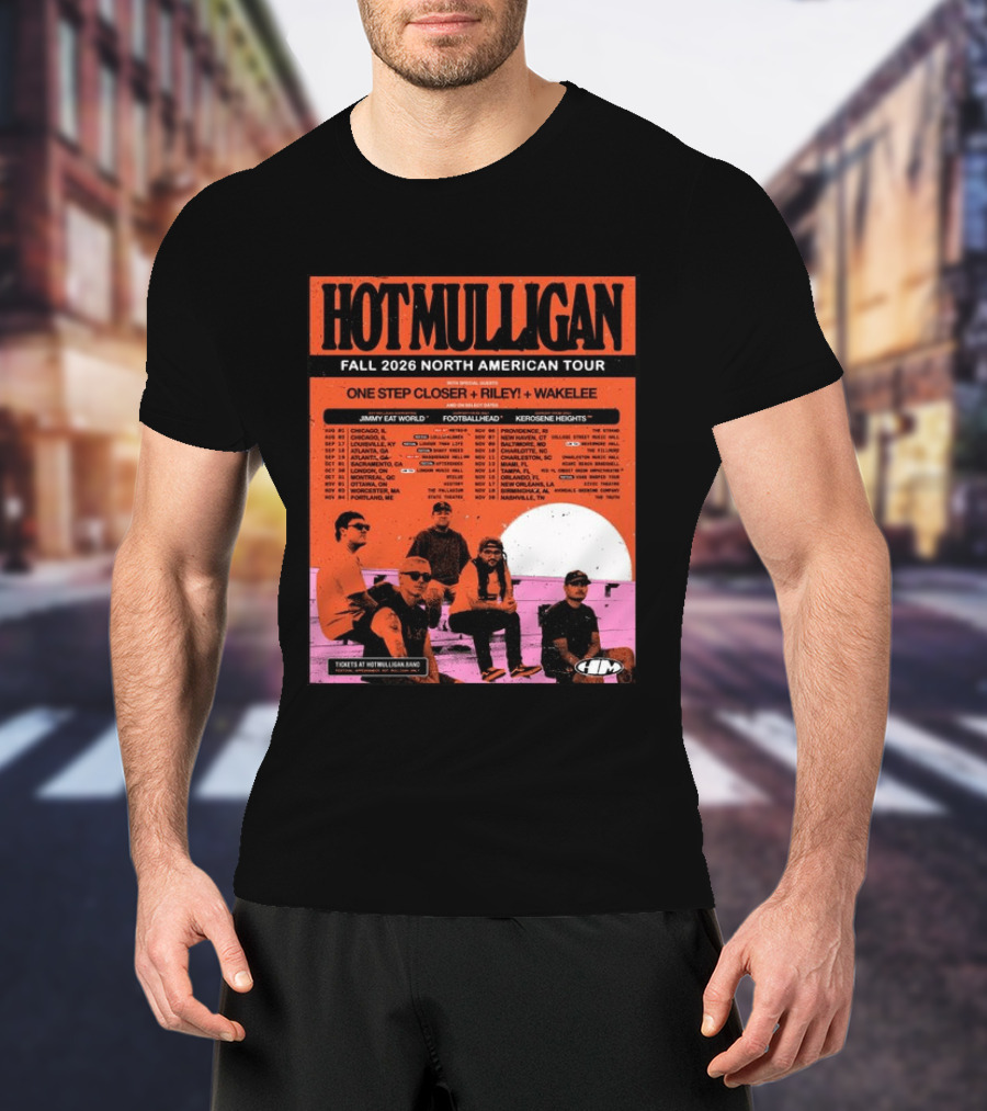 Hot Mulligan Fall 2026 Tour Dates With One Step Closer Riley Wakelee Jimmy Eat World Footballhead Kerosene Heights T-Shirt