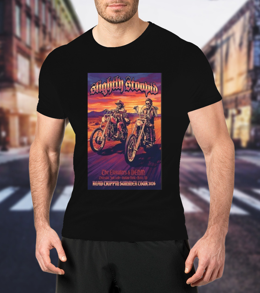 Slightly Stoopid Road Trippin Summer Tour 2026 The Elovaters DENM Boise Thursday July 30 Outlaw Field T-Shirt