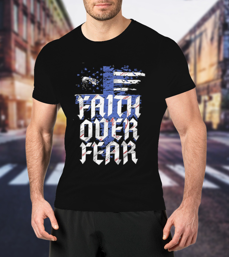 Faith Over Fear Distressed American Flag Cross T-Shirt