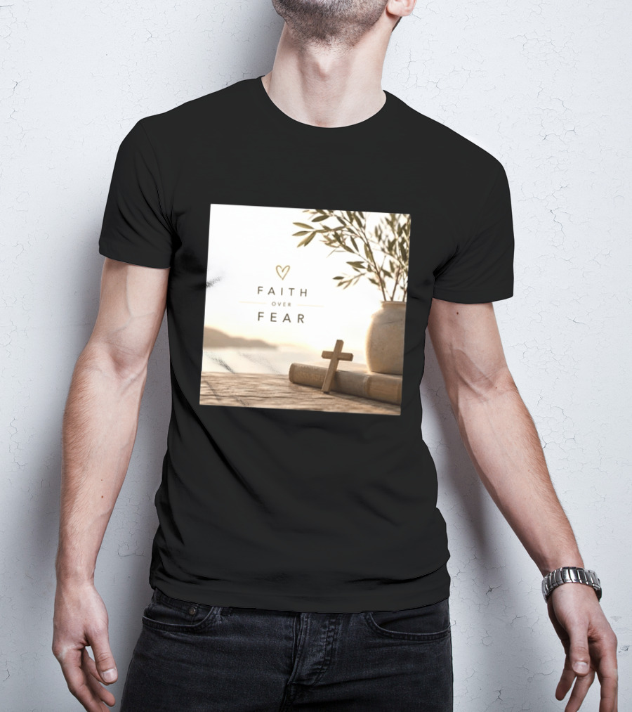 Faith Over Fear Christian Cross Heart With Bible And Olive Branches T-Shirt