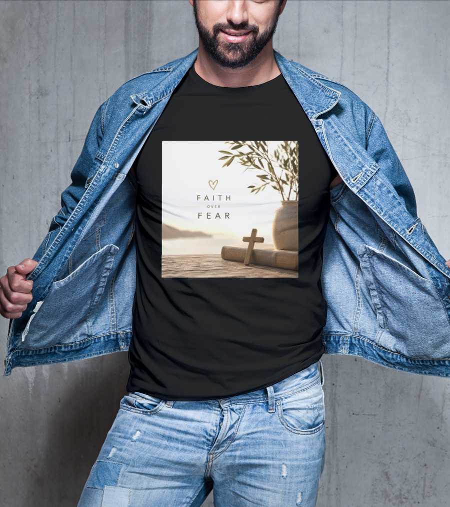 Faith Over Fear Christian Cross Heart With Bible And Olive Branches T-Shirt