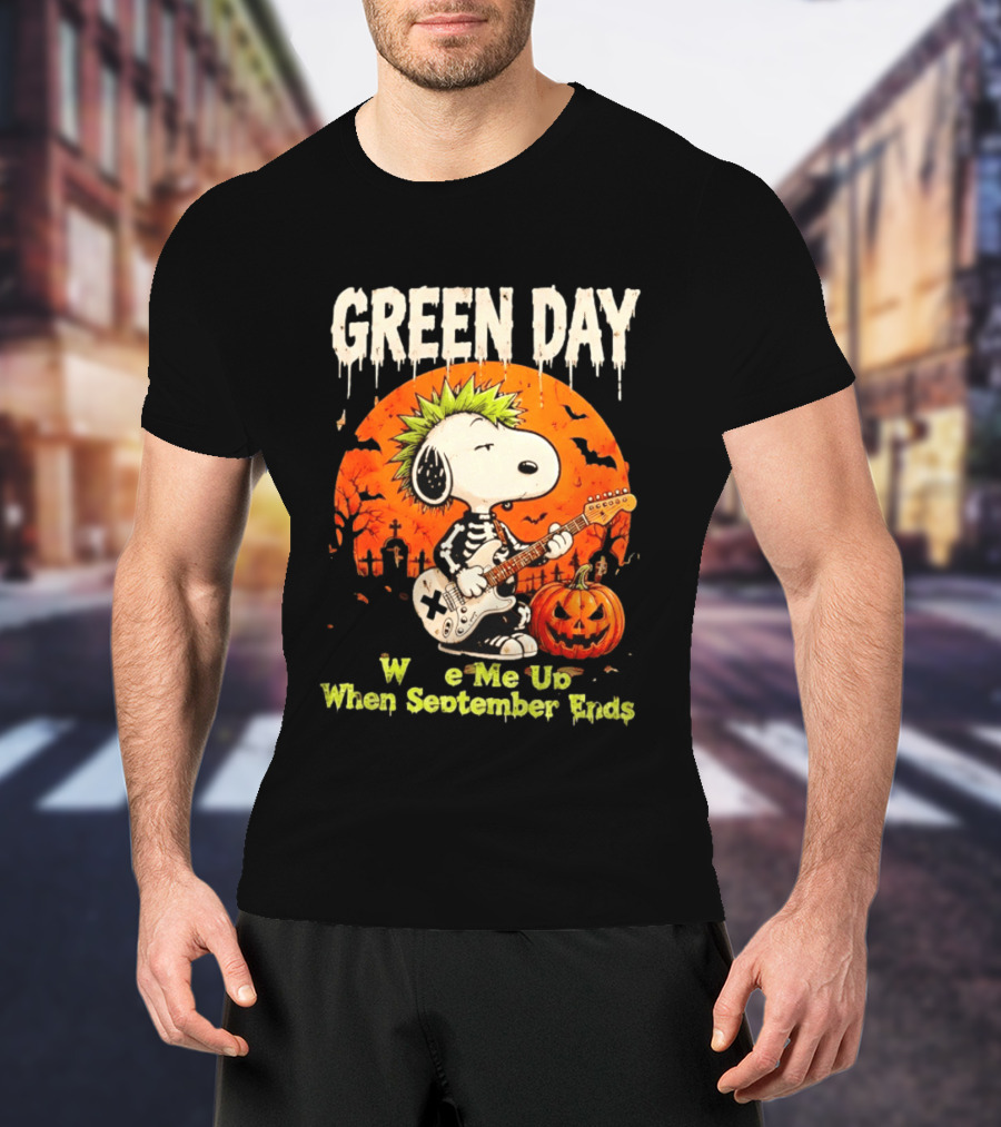 Green Day Snoopy Skeleton Guitar Wake Me Up When September Ends Halloween Pumpkin T-Shirt