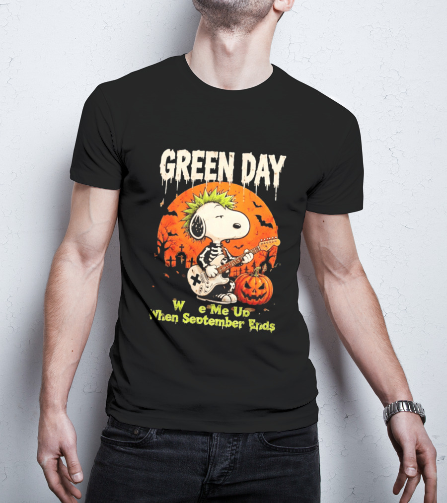 Green Day Snoopy Skeleton Guitar Wake Me Up When September Ends Halloween Pumpkin T-Shirt