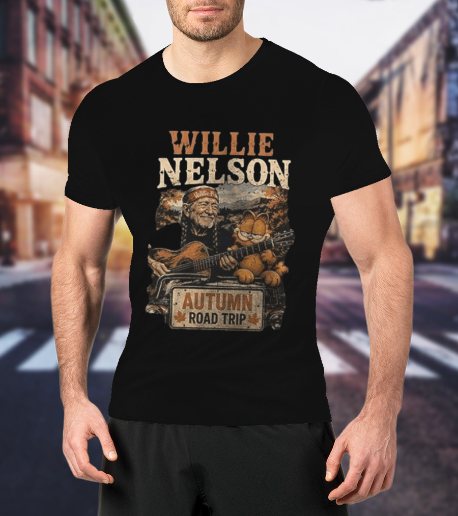 Willie Nelson Autumn Road Trip With Orange Cat T-Shirt