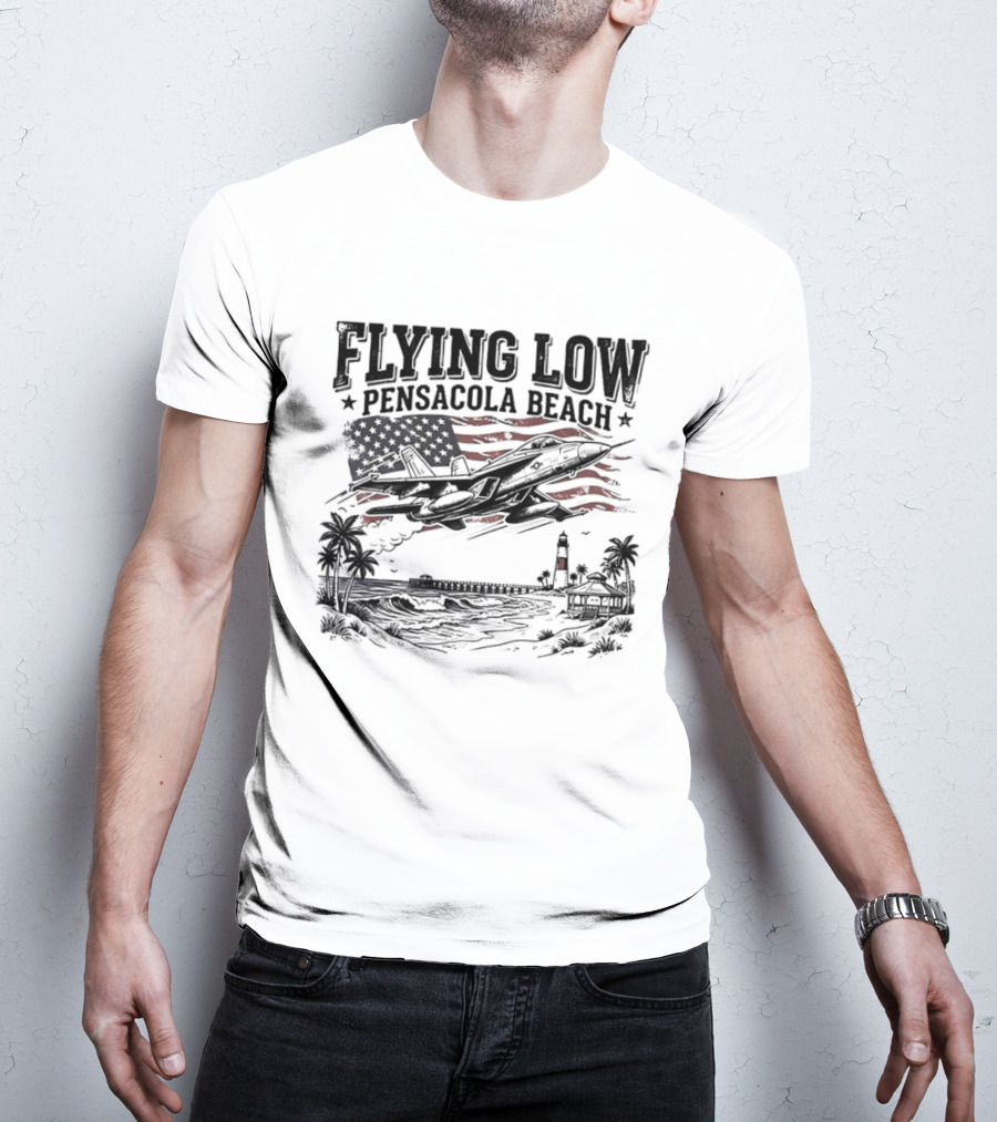 Flying Low Pensacola Beach American Flag Fighter Jet Scenic Beach View T-Shirt