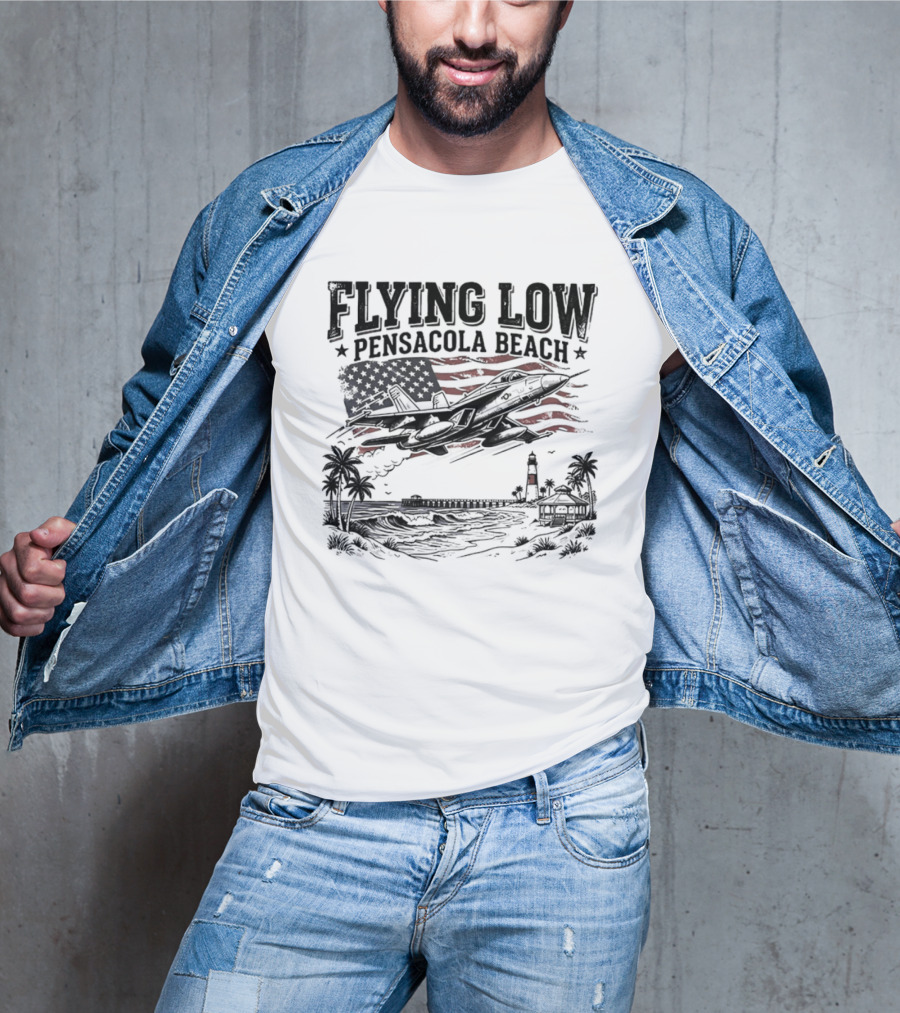 Flying Low Pensacola Beach American Flag Fighter Jet Scenic Beach View T-Shirt