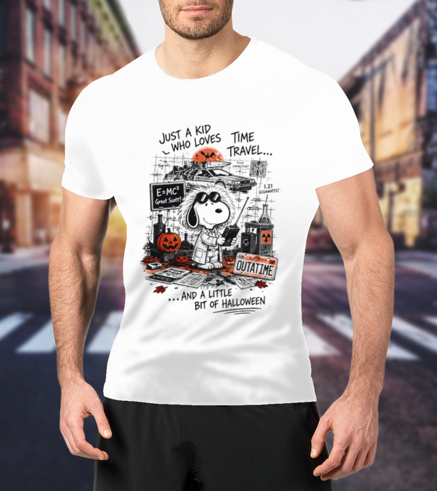 Snoopy Just A Kid Who Loves Time Travel Halloween Pumpkin Scene T-Shirt