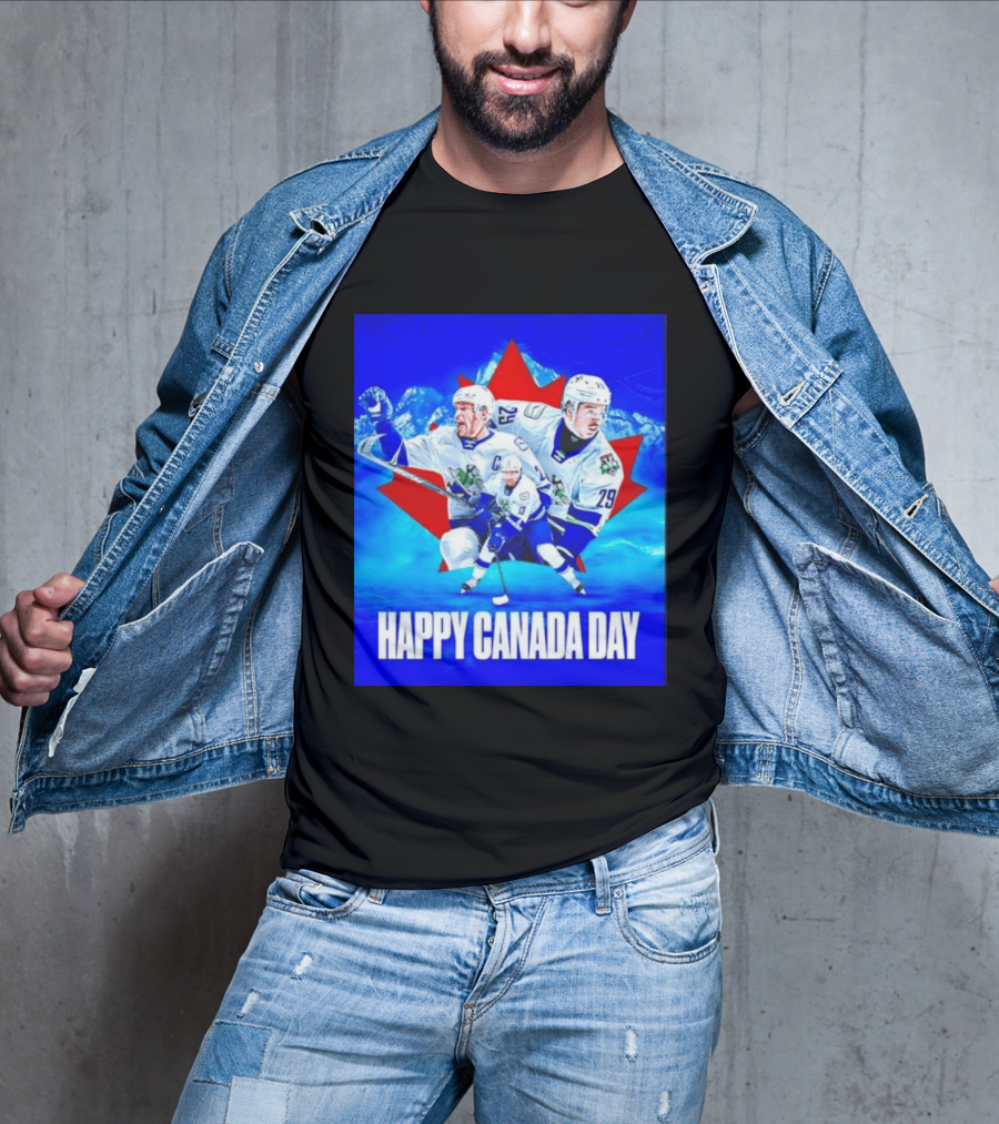 Abbotsford Canucks Happy Canada Day Celebration Collage With Hockey Players And Maple Leaf T-Shirt