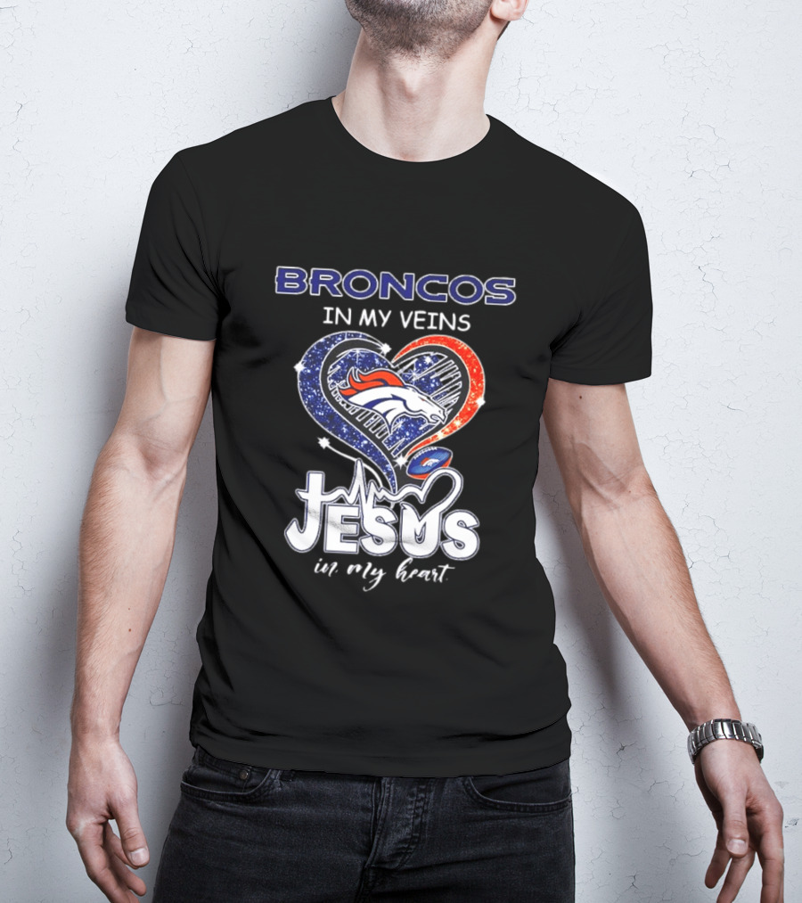 Denver Broncos In My Veins Heart Jesus In My Heart T-Shirt
