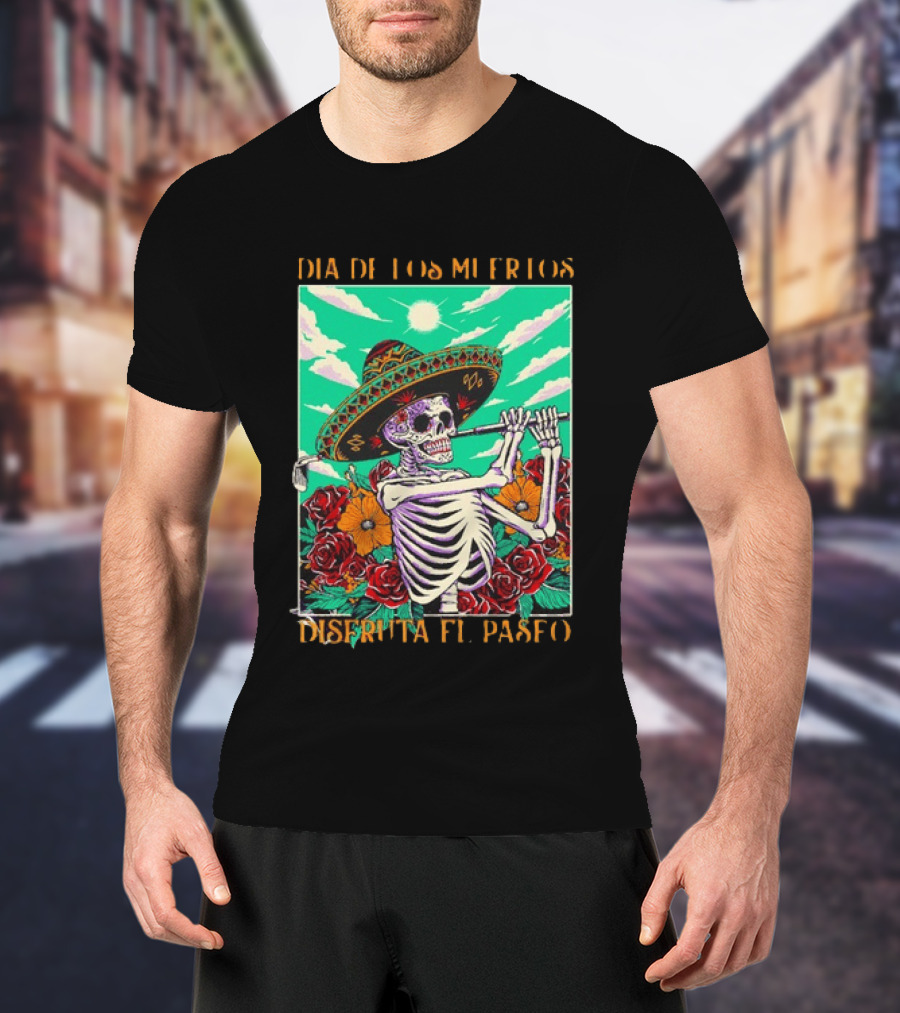 Calavera Golfer Día De Los Muertos Sombrero Flores Disfruta El Paseo T-Shirt